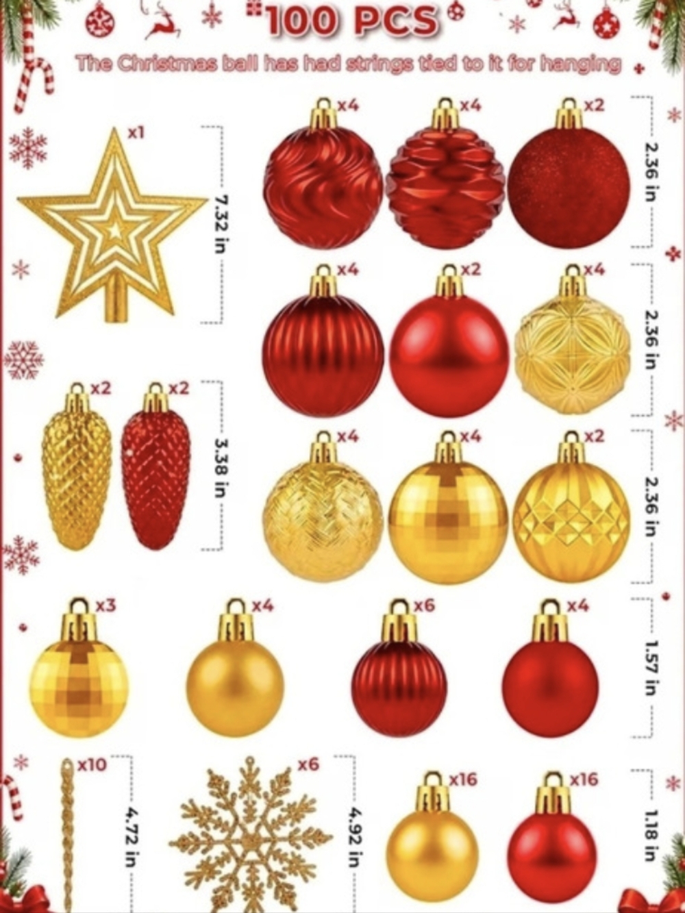 100PC Christmas Ornaments Set W. Tree Topper & Snowflakes | NEW IN BOX |